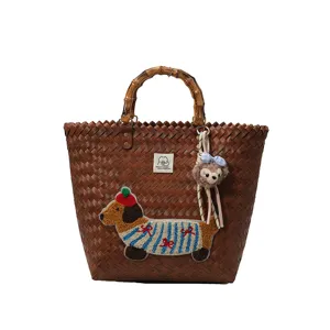 Borsa a mano intrecciata con manico in bambu bassotto borsa cestino mare per donna.