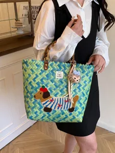 Borsa a Mano Intrecciata da Donna con Manico in Bambù Borsa a Cesto per Vacanze al Mare Ricamo Bassotto con Simpatico Pendente in Peluche Tote alla Moda