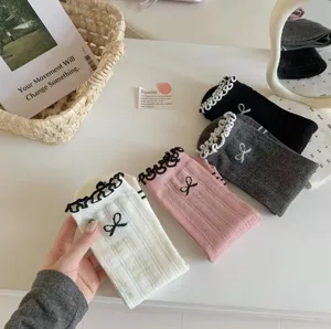 Women cotton mid tube socks Japanese balletcore cute ruffle bow hosiery 4 pairs