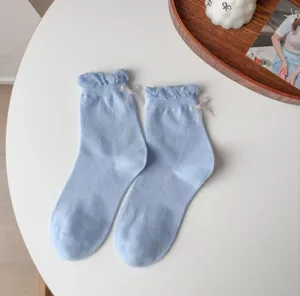 Hellblaue Rüschen Socken mit Schleife süße Baumwolle Freizeitsocken für Damen Alltag
