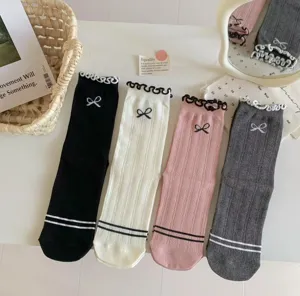 Japanese style cute bow embroidery ruffles mid-tube socks four colors comfortable cotton daily wear