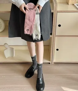 Japanese style cotton mid-calf socks with lettuce edge and cute bow for women daily wear
