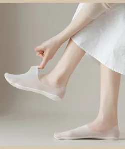 Detail view of ultra-thin women invisible boat socks with anti-slip silicone and cotton bottom.