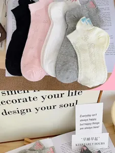 Women breathable mesh short socks with cute bowknot design, comfortable cotton daily wear 5 pairs.