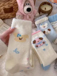 Cozy thick plush winter socks featuring cute cartoon dog patterns, soft floor socks detail.