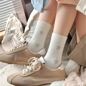 Women cotton mid-tube socks with grey star pattern, stylish casual retro daily wear detail view