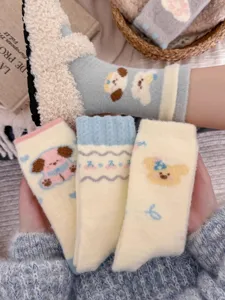 Thickened fleece winter socks for women cute cartoon dog cozy thermal floor sleep socks