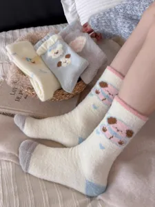 Thickened winter fuzzy cozy socks for women, cute cartoon puppy pattern warm floor sleeping socks