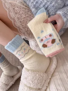 Cozy thick fleece winter socks featuring cute cartoon dog pattern for warm cozy home floor wear.
