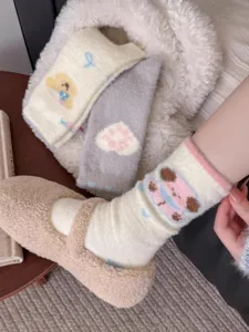 Cozy winter plush socks for women, cute cartoon bear design, soft warm home floor socks.