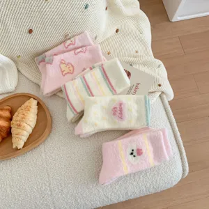 Winter plush thick mid-calf socks for women, cute cartoon warm fuzzy thermal sleeping socks.