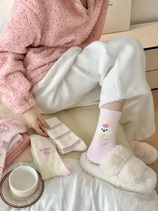 Cozy winter plush fuzzy socks for women, cute cartoon thick warm sleep socks for indoor.