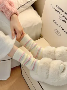 Fluffy striped winter thermal mid-tube socks, soft plush warm sleep socks for women detail