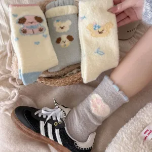 Cozy thick fleece crew socks with cute cartoon dog and heart patterns for autumn and winter warmth.