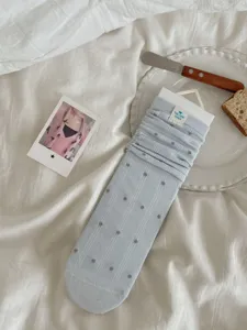Close-up detail of light blue polka dot slouch socks featuring soft ribbed knit texture.