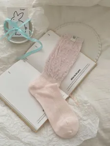 Women sweet pink stackable mid-calf socks thin cute fashion socks with cute fabric label.