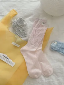 Women Korean style thin mid-calf stack socks cute bubble cuff casual hosiery detail