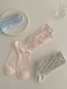 Korean style women thin mid tube stack socks cute floral tag knitted casual hosiery