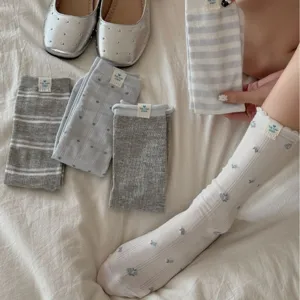 Women Cotton Mid Tube Socks Sweet Striped Polka Dot Floral Lace Trim Casual Fashion Daily Wear Hosiery