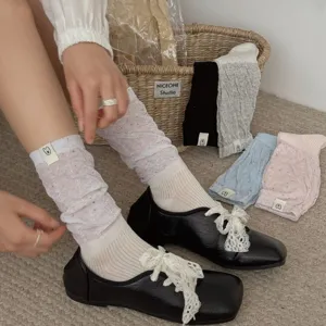 Women's Casual Cotton Mid-Calf Stacked Socks Breathable Thin Solid Color Bubble Cuff Hosiery
