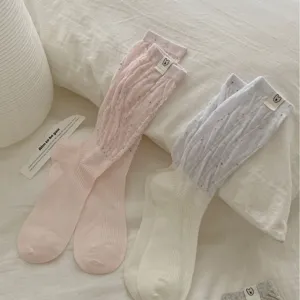 Women Korean style stack socks, thin summer casual ruffle design with cute little bear label.