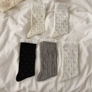 Calzini slouch da donna con volant in pizzo a pois cotone a metà polpaccio stile giapponese