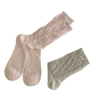 Women cute knit crew socks stack style with small label casual spring wear soft socks