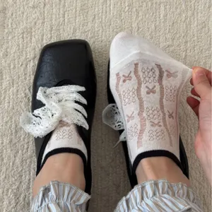 Women Summer Thin Boat Socks Cotton Glass Silk Short Socks Bow Low Cut Breathable Anti Slip Invisible Socks