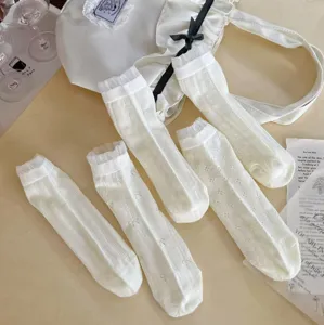 Chaussettes d'ete femme fines creuses nœud dentelle maille respirante tube moyen blanc