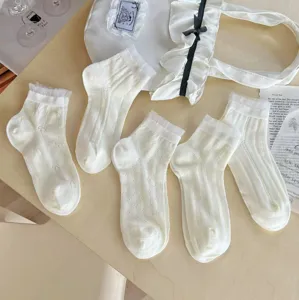 Gros plan détaillé de chaussettes mi-hautes blanches en maille avec motifs de nœuds.