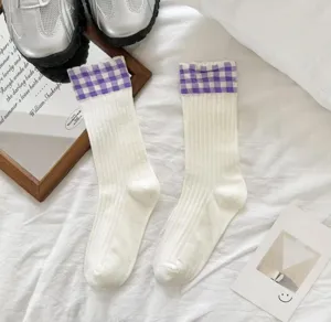 White mid-calf socks with purple plaid cuffs, Japanese ins style cotton knit socks for women.