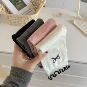 Women cute bow ruffle mid-tube socks cotton sweet balletcore stack socks casual hosiery