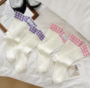 Cute Japanese style plaid mid tube socks, soft cotton daily wear cute stacked socks.