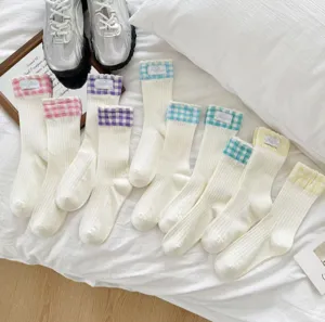 Cute women's mid-calf socks with sweet plaid cuffs, breathable cotton daily casual wear.