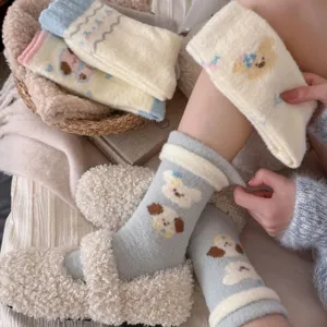 Cozy winter thermal fuzzy socks for women featuring cute cartoon puppy patterns, thick warm floor socks.