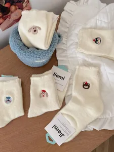 White Australian fleece winter warm women socks with cute cartoon embroidery mid tube cozy