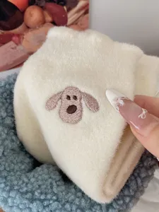 White fuzzy wool socks detail, cute brown dog embroidery design, warm winter sleep floor socks