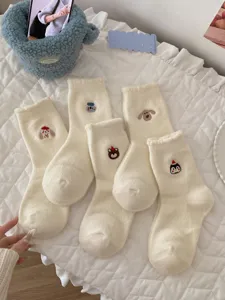 Cute women winter fluffy mid-tube socks warm fleece cartoon embroidery cozy floor socks