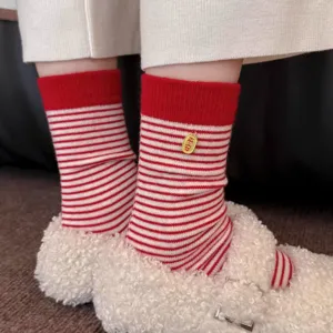 Women red white striped mid-tube socks with golden pendant cute festive hosiery new year