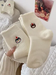 White fleece thermal socks for women winter cute cartoon embroidered cozy mid tube sleep socks