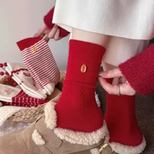 Red Christmas socks for women with cute gold pendant, mid tube knitted winter socks.