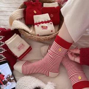 Christmas red wool socks for women, cute striped and polka dot mid-calf winter socks.