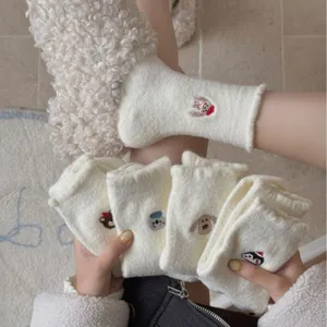 White fleece thermal winter socks for women with cute cartoon embroidery cozy floor socks