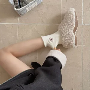 White Australian fleece warm women socks, cute cartoon embroidery, thick winter sleep floor socks.
