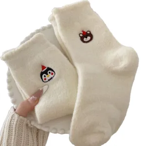White plush fleece warm socks for women winter cute cartoon animal embroidery mid-tube cozy