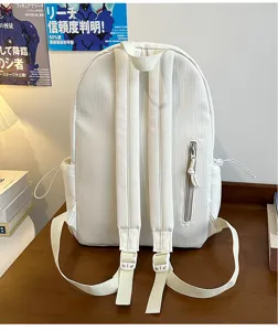 Minimalist white canvas student backpack with zipper pocket, lightweight casual daily commuter bag.