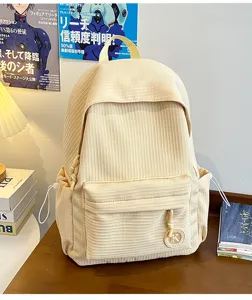 Corduroy backpack detail view, casual style everyday daypack with front pocket and side slots.