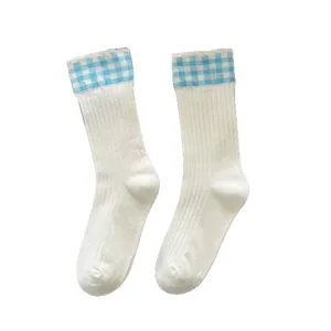 Women white mid-tube socks with blue check ruffles cute cotton Japanese fashion daily wear