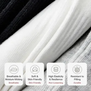 Comfortable premium combed cotton mid-tube socks stacked in black, white, and grey.