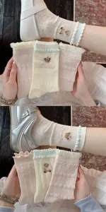 Cute pastel lace ruffle mid-calf socks with sweet bear embroidery for women daily wear.